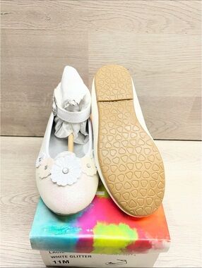 Rachel Shoes White Glitter Mary Jane with Floral Accent #223